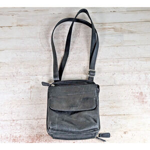 Fossil Black Leather Crossbody Wallet Bag Zip Pockets Adj Strap Mag Flap 6x8 Vtg